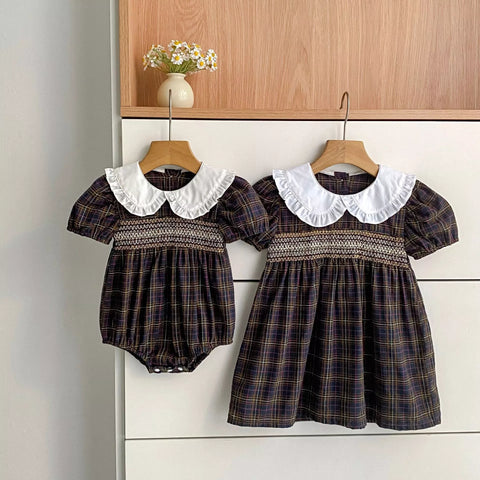 Girls Smocked Fall Plaid Ruffle Peter Pan Collar Bodysuit or Dress