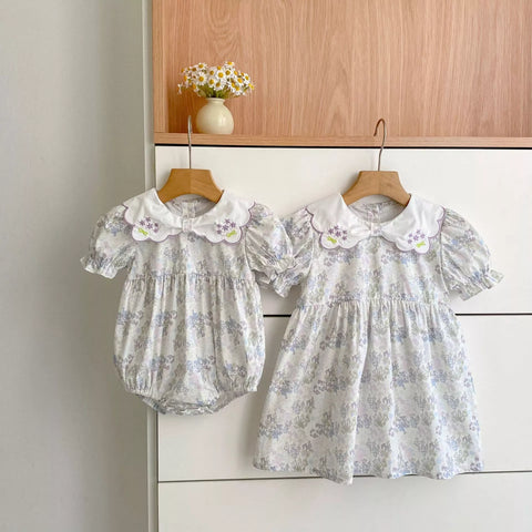 Girls Flower Pattern Scallop Collar Bodysuit or Dress