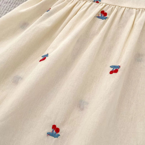 Girls Cotton Cherry Embroidered Puff Sleeve Bodysuit or Dress