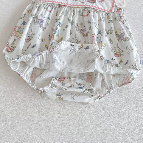 Baby Girl Square Bib Collar Bunny Print Bodysuit