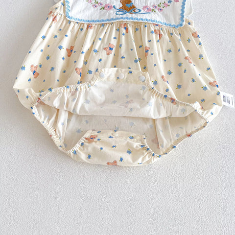 Baby Girl Square Bib Collar Bear Print Bodysuit