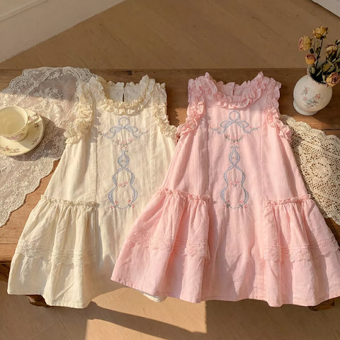 Girls Ruffle Low Waist Ribbon Emb Dress