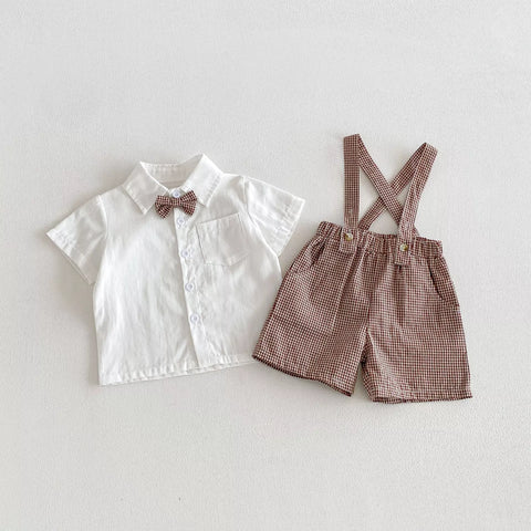 2 Pc Boys Plaid Suspenders Shorts & Shirt Set