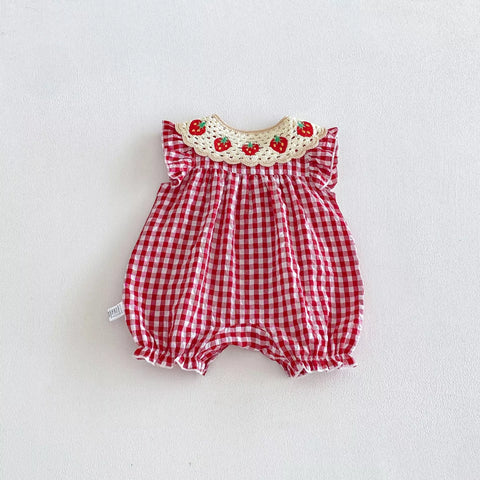 Baby Girl Crochet Strawberry Gingham Romper