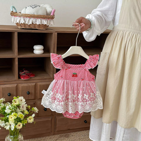 Baby Girl Cherry Plaid Lace Overlay Bodysuit Dress