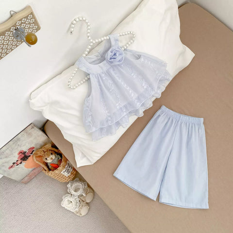 2 Pc Halter Rosette Top & Wide Pants Set