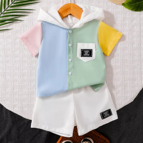 2 Pc Boys Hooded Colorblock Shirt & Shorts Set