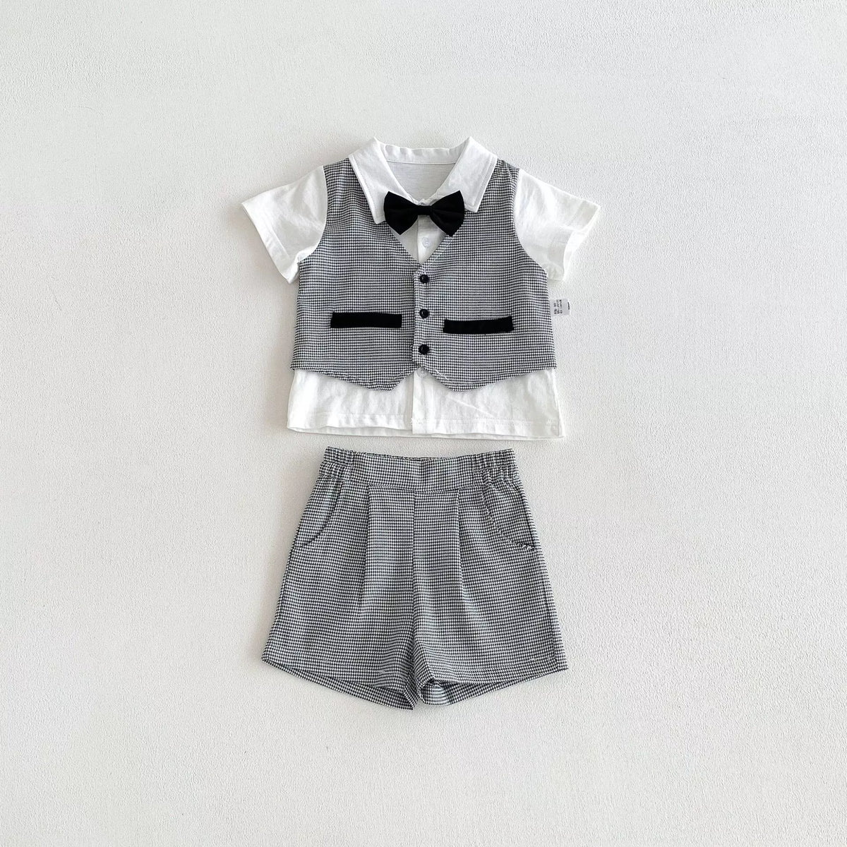 2 Pc Boys Houndstooth Bow Tie Vest Shirt & Shorts Set