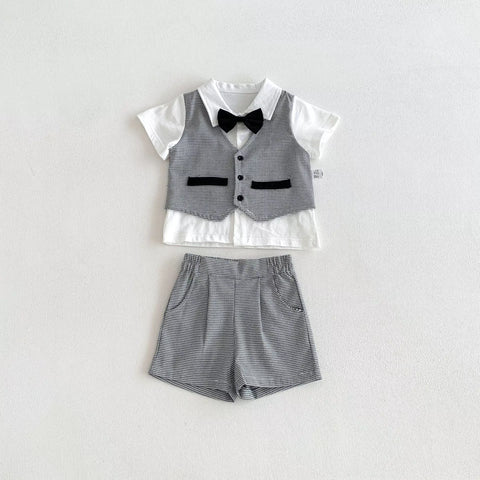 2 Pc Boys Houndstooth Bow Tie Vest Shirt & Shorts Set