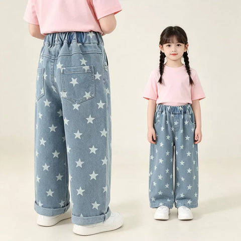 Toddler Girls Star Print Wide Leg Denim Pant