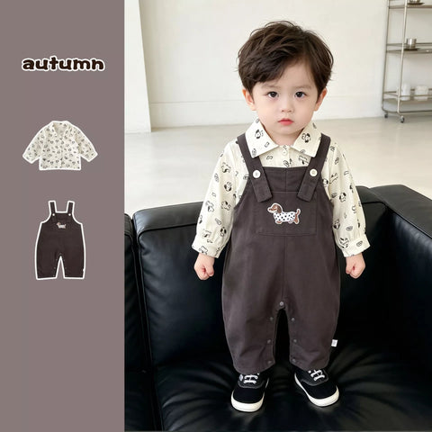 2 Pc Baby Boy Puppy Print Shirt & Overalls Set