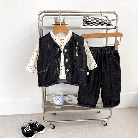 3 Pc Baby Boy Polka-Dot Shirt, Denim Vest & Pants Set