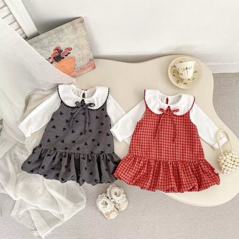2 Pc Baby Girl Bow Print Peter Pan Collar Ruffle Dress