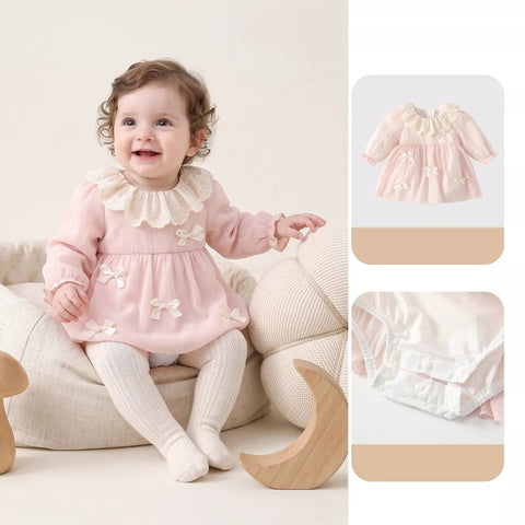 Baby Girl Lace Ruffle Collar Bow Romper Dress