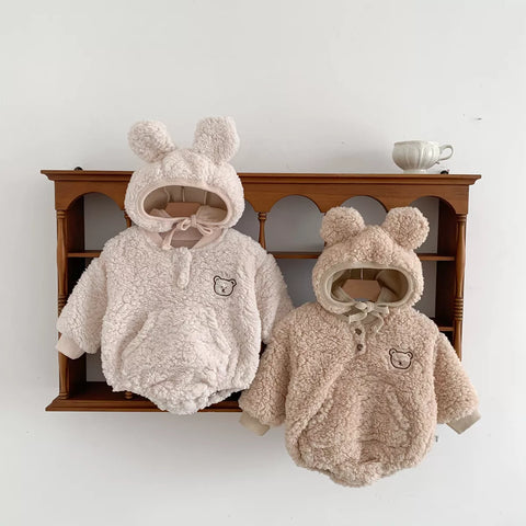 Baby Sherpa Fleece Bear Bodysuit with Hat