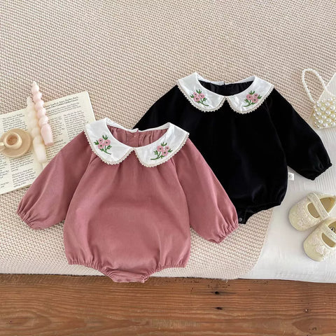 Baby Girls Corduroy Bodysuit with Flower Collar