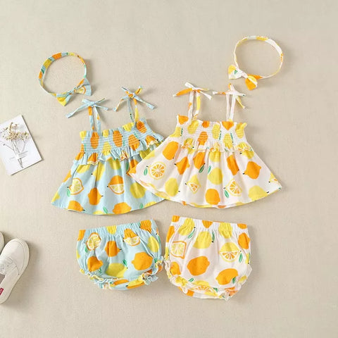 3 Pc Baby Girl Lemon Print Smock Top & Shorts