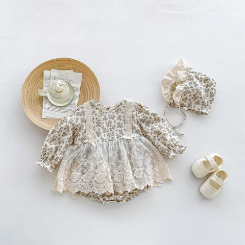 Baby Girl Floral Bodysuit Dress with Bonnet