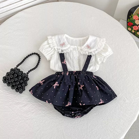 2 Pc Parisian Overall Skirt with Bow Collar Shirt