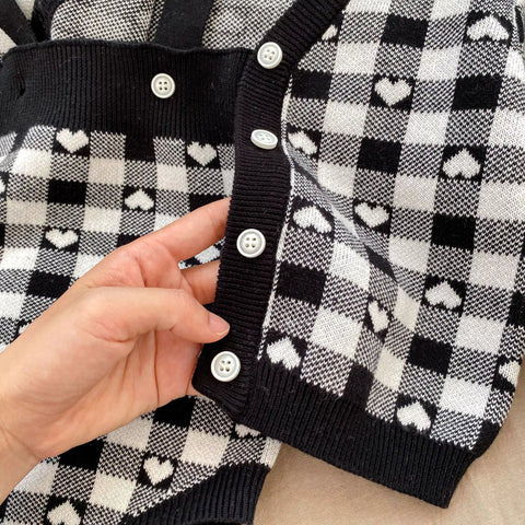2 Pc Baby Girl Hearts Blocks Knit Cardigan & Bodysuit Set