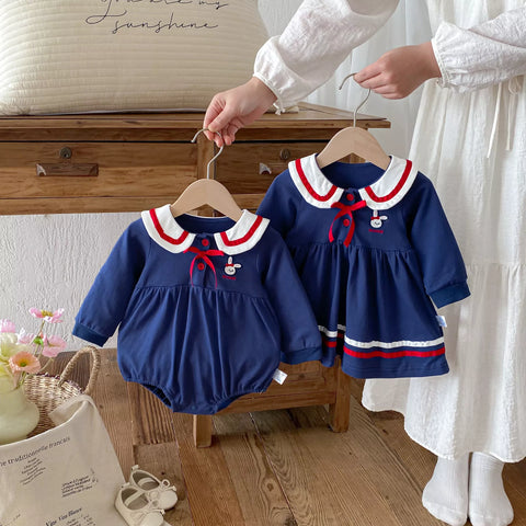 Baby Girls Bunny Ear Collar Color Block Ribbon Dress
