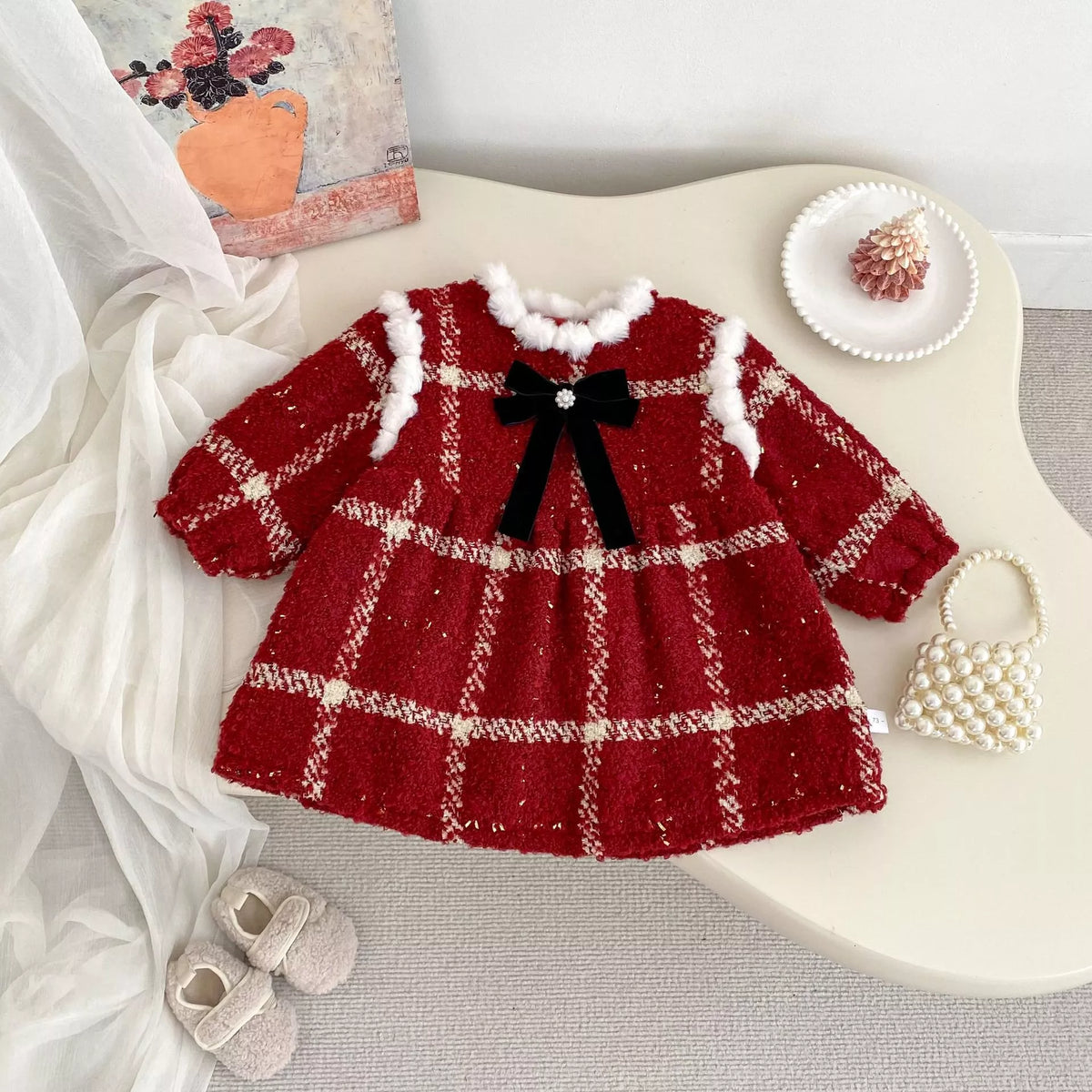 Girls Winter Plaid Furry Trim Dress