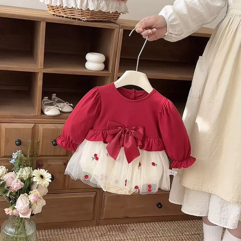 Baby Girl Cherry Long Sleeve Bodysuit Dress
