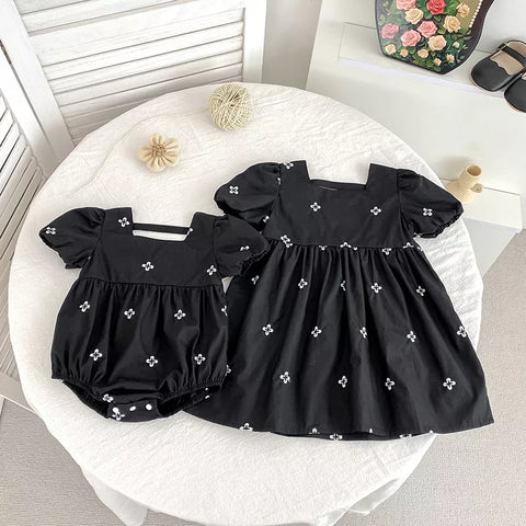 Girls Clover Embroidery Bubble Sleeve Bodysuit Dress
