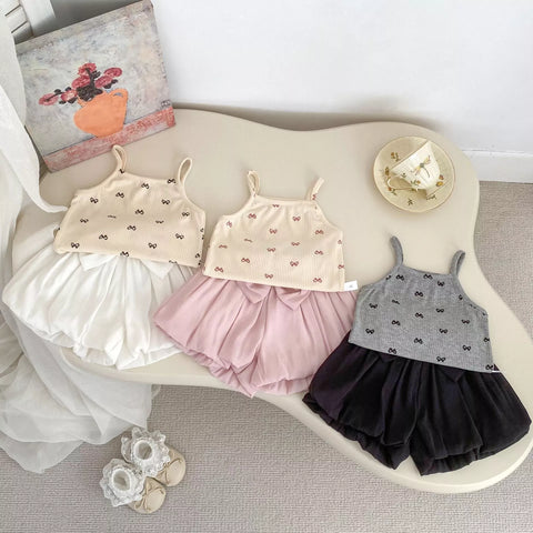 2 Pc Baby Girl Bow Print Cami & Bloomer Shorts Set