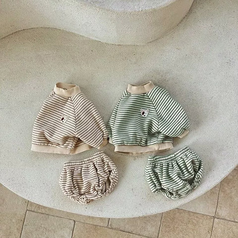 2 Pc Baby Boy Mock Neck Stripe Fleece Sweatshirt & Bloomer Set