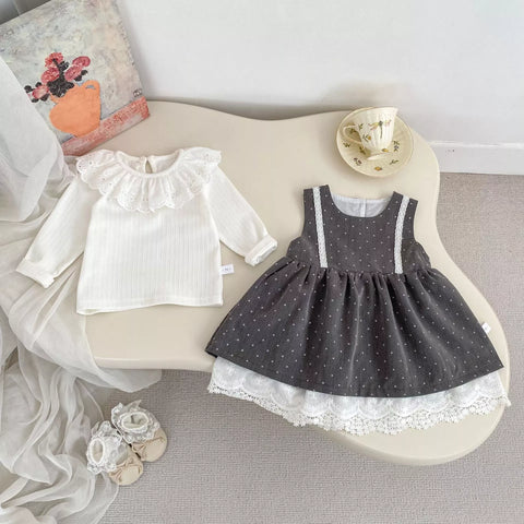 2 Pc Girls Polka Dot Lace Layered Dress
