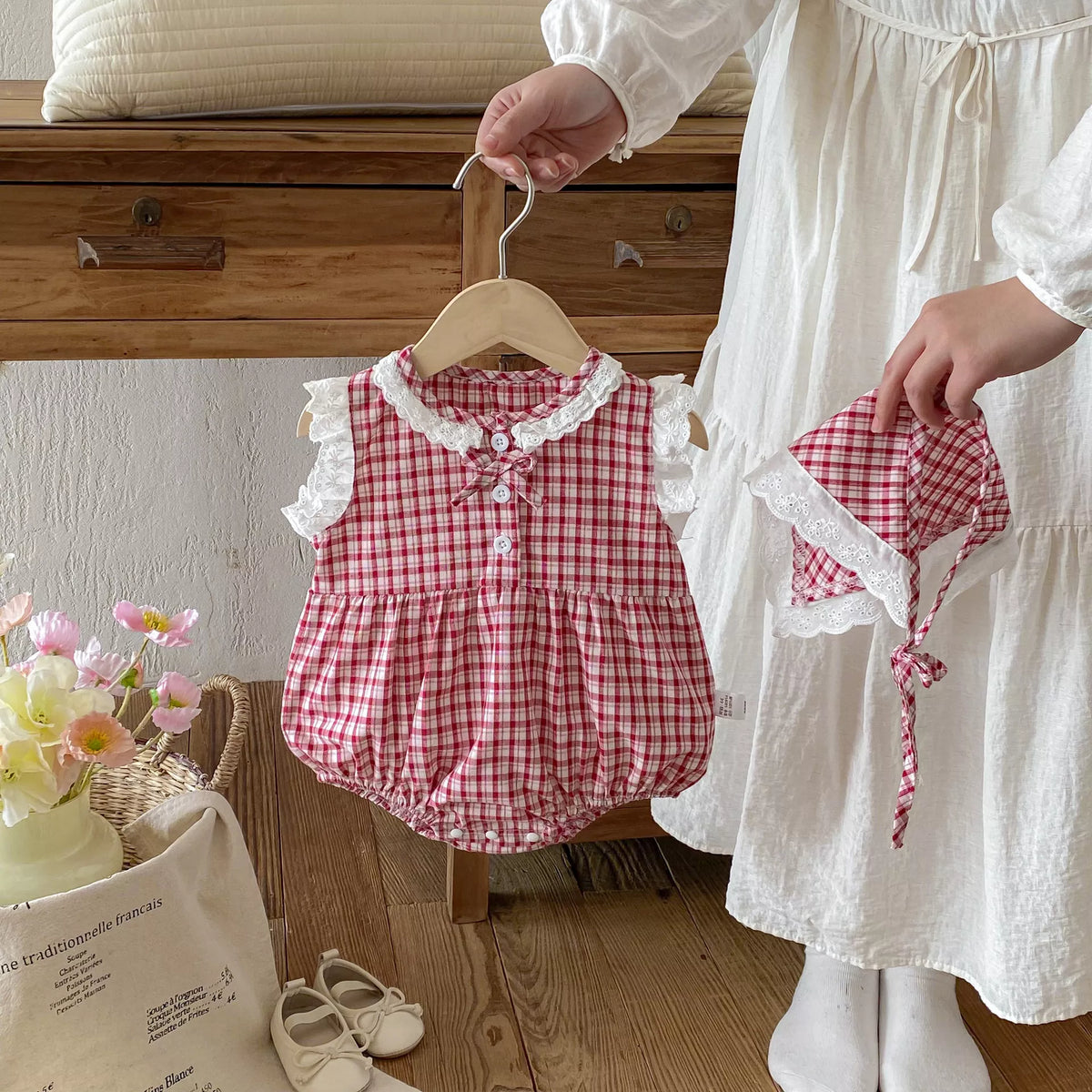 2 Pc Baby Girl Plaid Lace Trim Bodysuit w/ Bandana