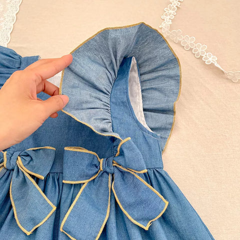 Girls Bows Chambray Denim Dress/Bodysuit