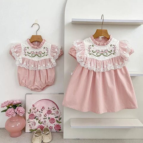 Girls Lace Trim Flower Embroidered Bodysuit or Dress