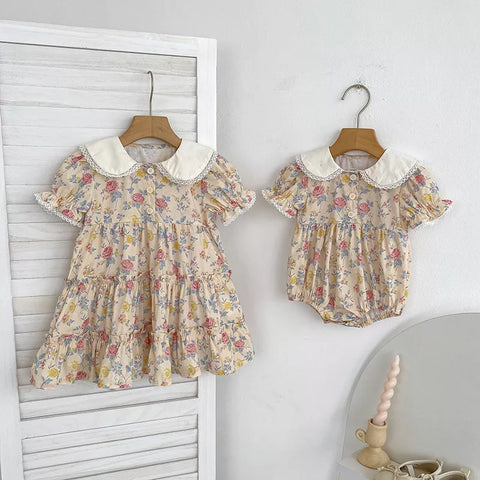 Girls Vintage Flower Print Collar Bodysuit or Dress