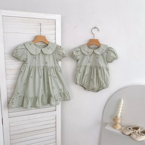 Girls Cotton Ditsy Flower Embroidered Puff Sleeve  Bodysuit or Dress