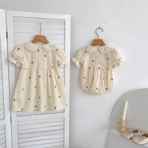 Girls Cotton Cherry Embroidered Puff Sleeve Bodysuit or Dress