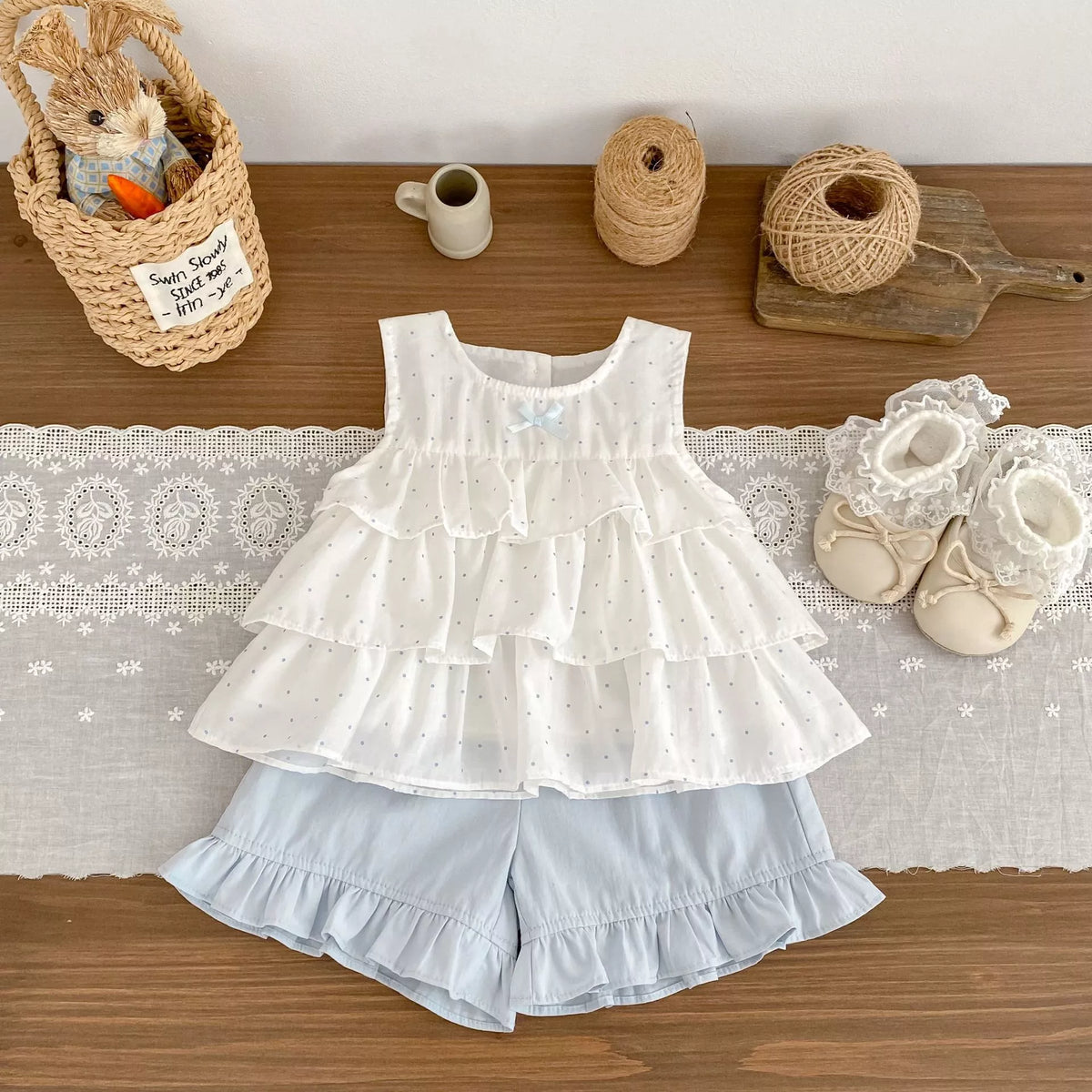 2 pc Girls Ruffle Dots Shorts & Shorts Set