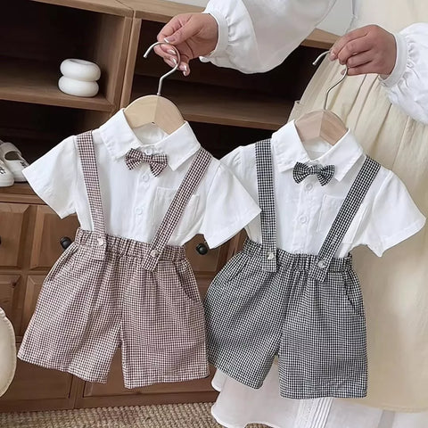 2 Pc Boys Plaid Suspenders Shorts & Shirt Set