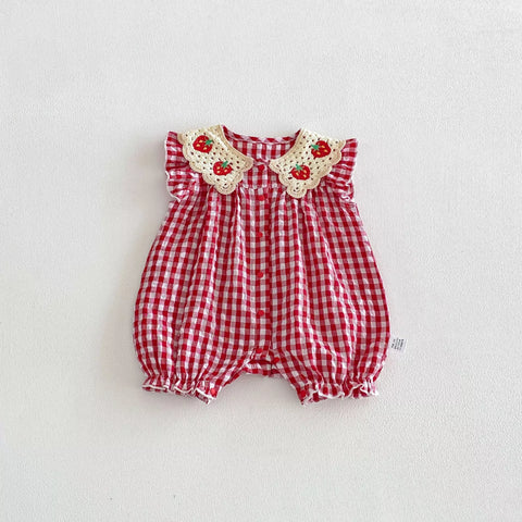 Baby Girl Crochet Strawberry Gingham Romper