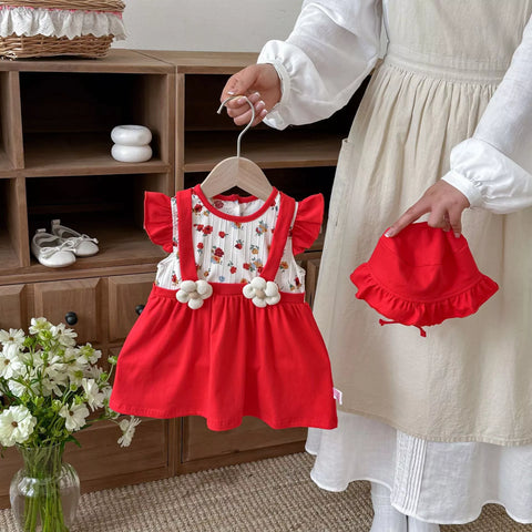 2 Pc Baby Girl 3D Flower Suspender Dress w/ Hat