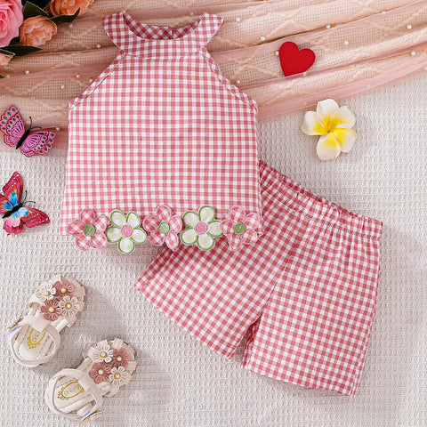 2 Pc Baby Girl Halter Gingham Flower Patch Shorts Set