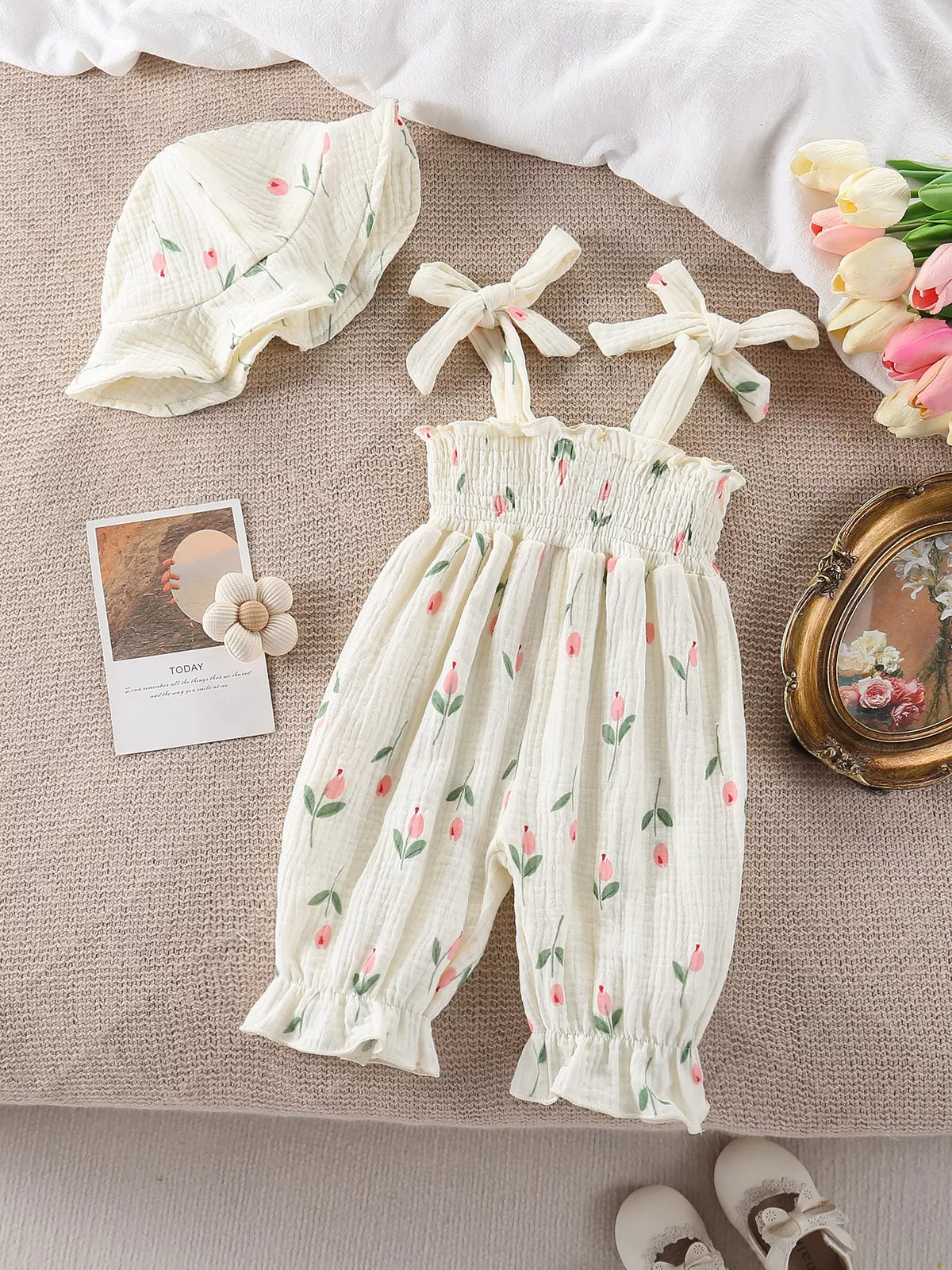 2 Pc Baby Girl Floral Print Smock Romper