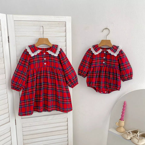 Girls Tartan Print Lace Collar Bodysuit or Dress
