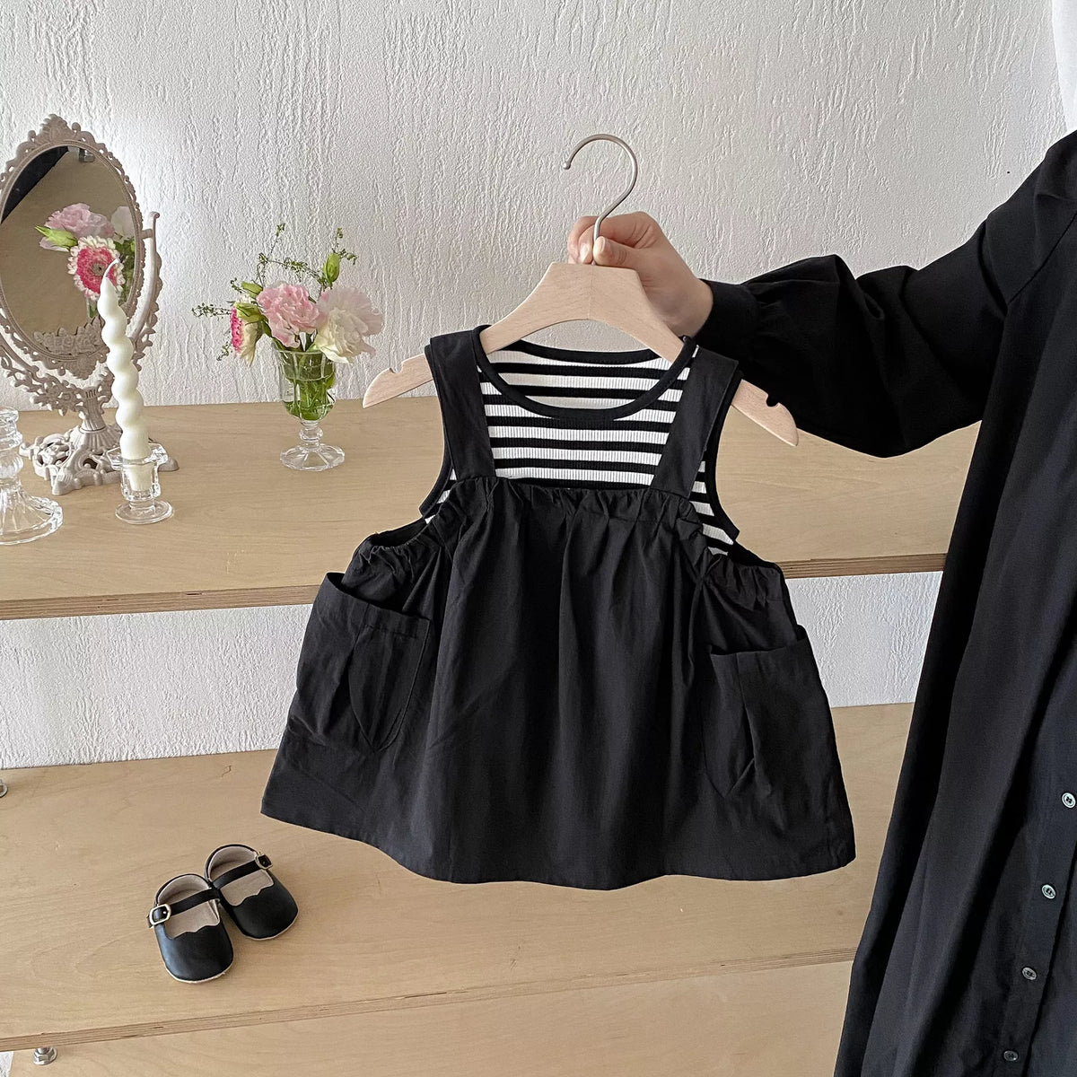 2 Pc Baby Stripe Tank & Pocket Pinafore Dress