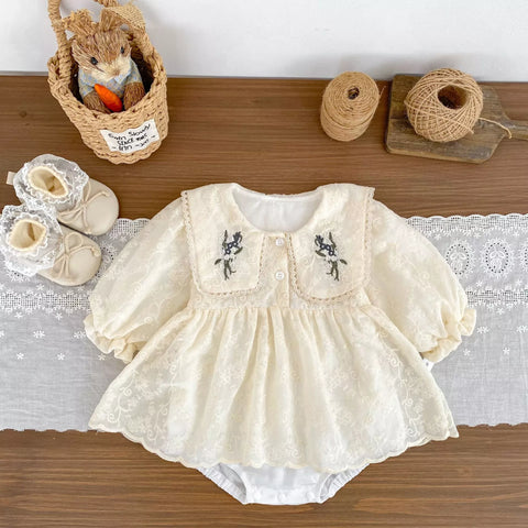Baby Girl Floral Embroidered Lace Collar Romper Dress