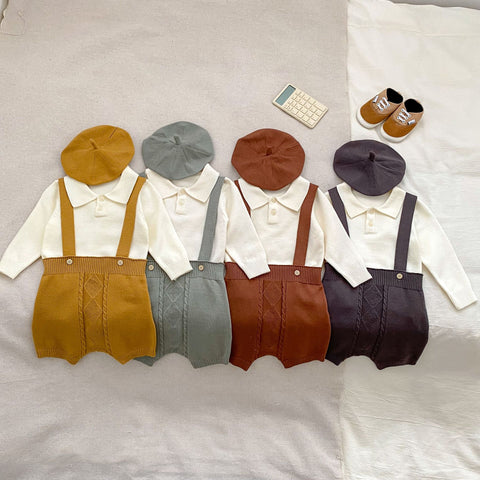 Baby Boy Knit Suspender Shorts with Shirt