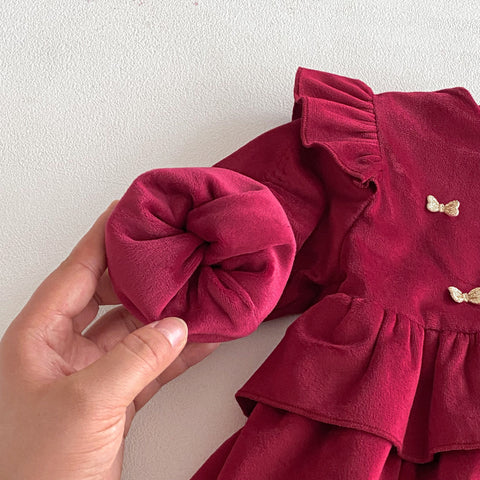 Baby Girl Fleece Lined Bow Bodysuit Dress