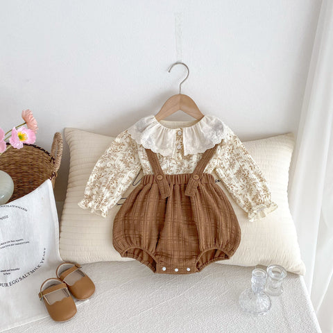 2 Pc Baby Girl Autumn Overall and Ruffle Collar Shirt Set