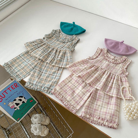 2 Pc Girl Plaid Shirt & Wide Leg Set